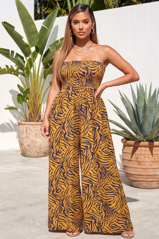 Floral Printed Smocked Top Wide Leg Strapless Jumpsuit