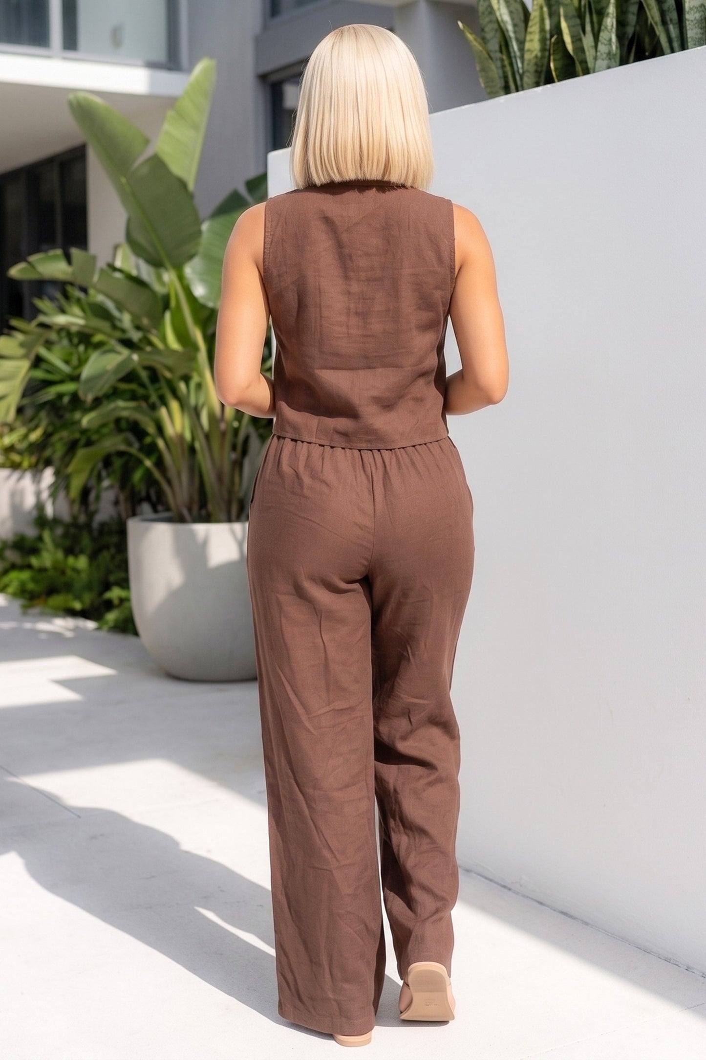 Sleeveless Button Down Shirt And Wide Leg Pant Linen 2pc Set