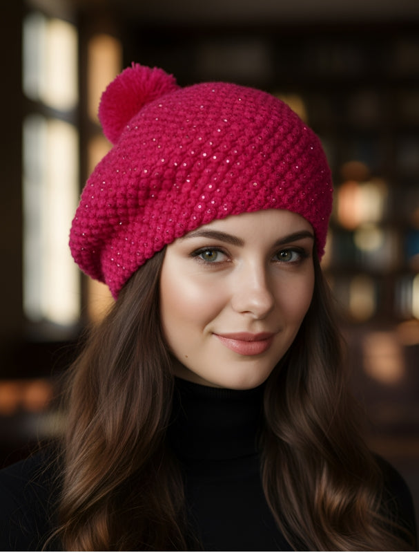 Rhinestones knit pompom Beanie Pink