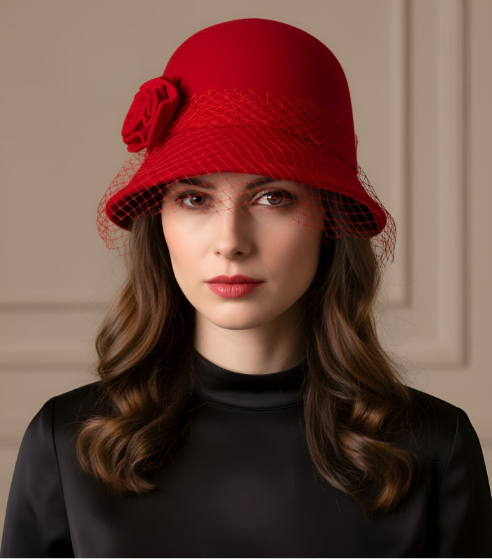 Wool felt netted rose flower hat Red