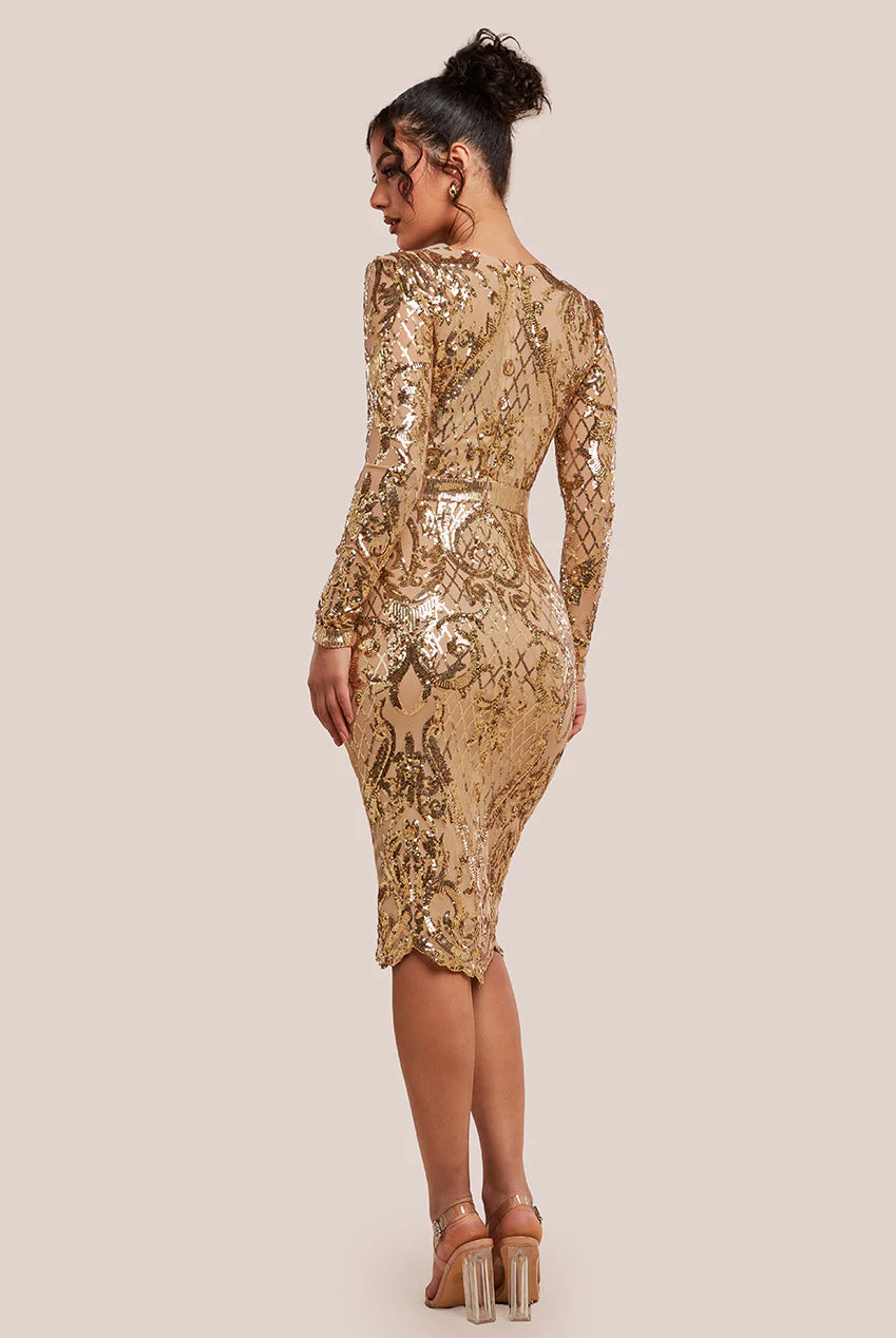 Sequin Square Neck Scalloped Midi Dress