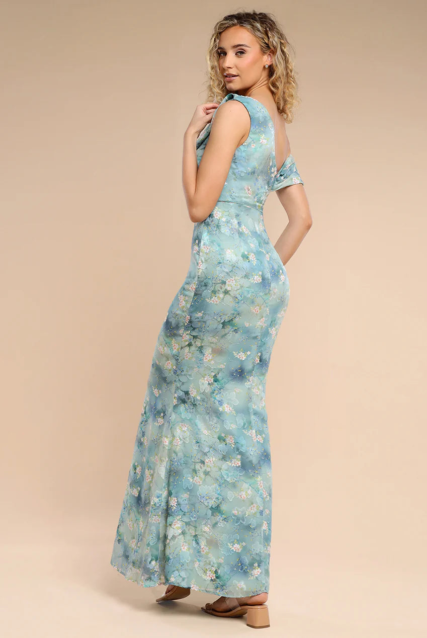One Shoulder Cowl Neck Chiffon Floral Dress