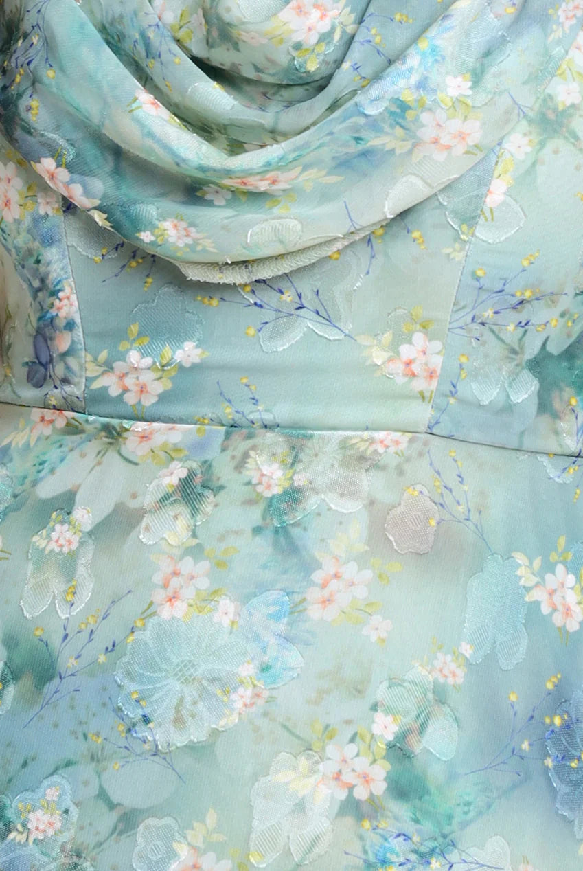 One Shoulder Cowl Neck Chiffon Floral Dress