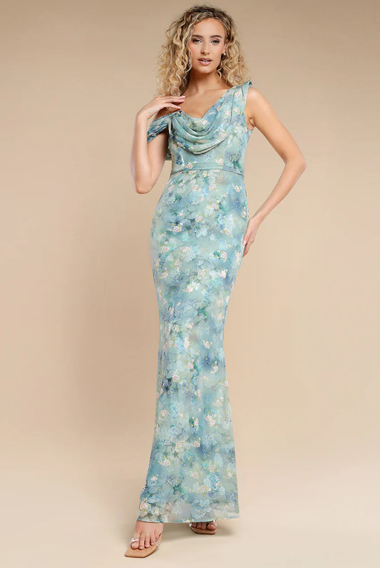 One Shoulder Cowl Neck Chiffon Floral Dress