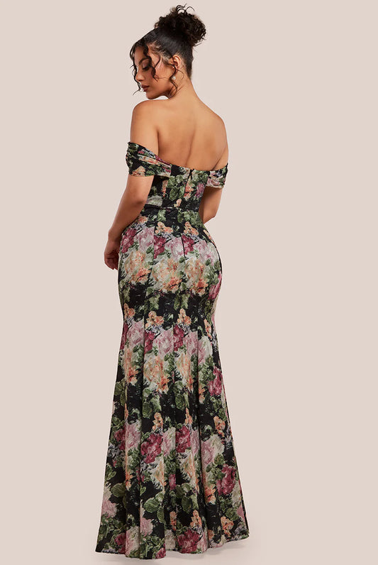 Cowl Neck Floral Print Jacquard Chiffon Dress