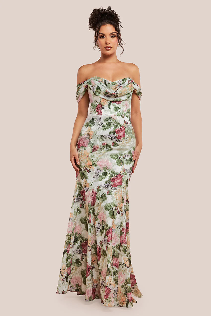 Cowl Neck Floral Print Jacquard Chiffon Dress