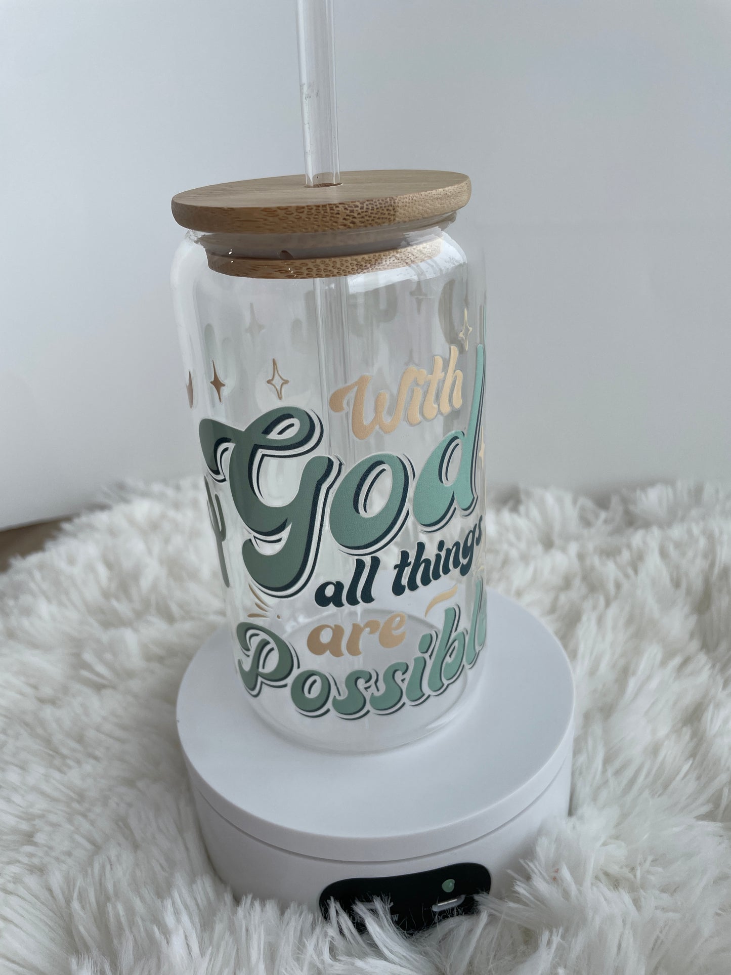 Customized 16oz Glass Cups with Bamboo Lids and Glass Straws