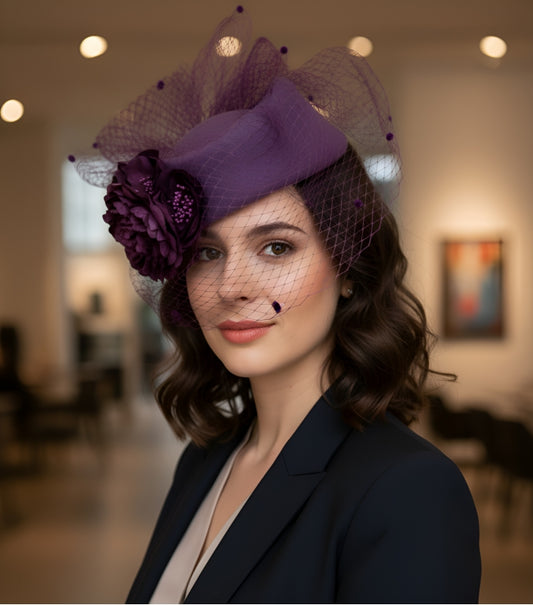 Wool felt veil cocktail hat Purple