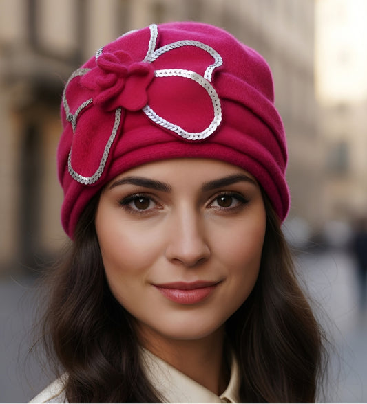 Wool cloche hat with sequined flower corsage Fuchsia