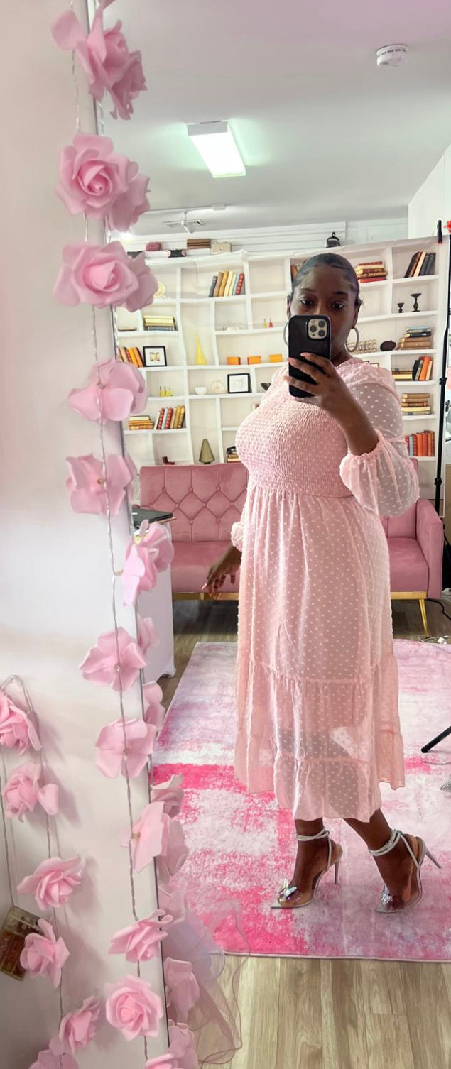 Swiss Dot Ruched Hem Ruffle Dress