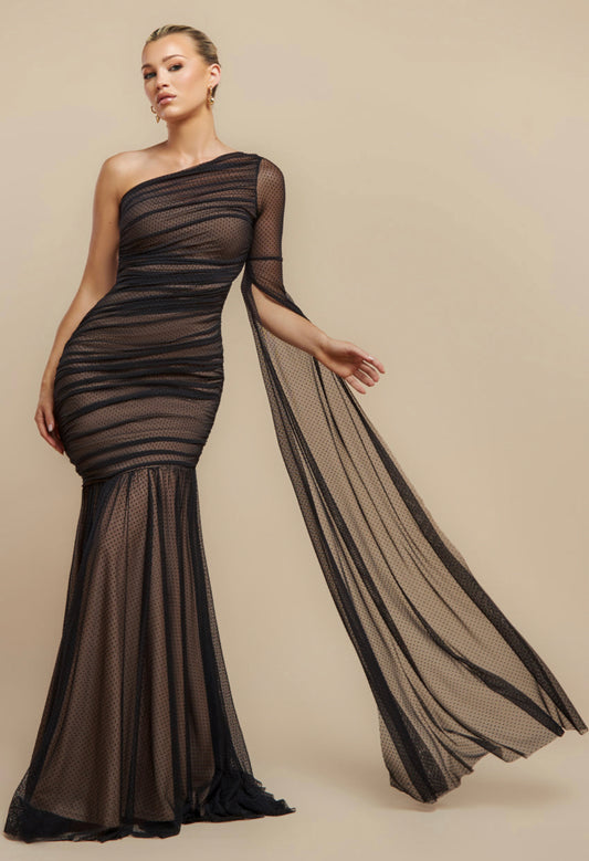 Goddiva Gathered One Sleeve Angel Wing Mermaid Dress