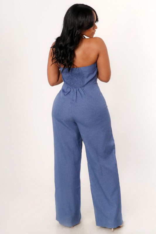 Topographic Contour Print Denim Jumpsuit