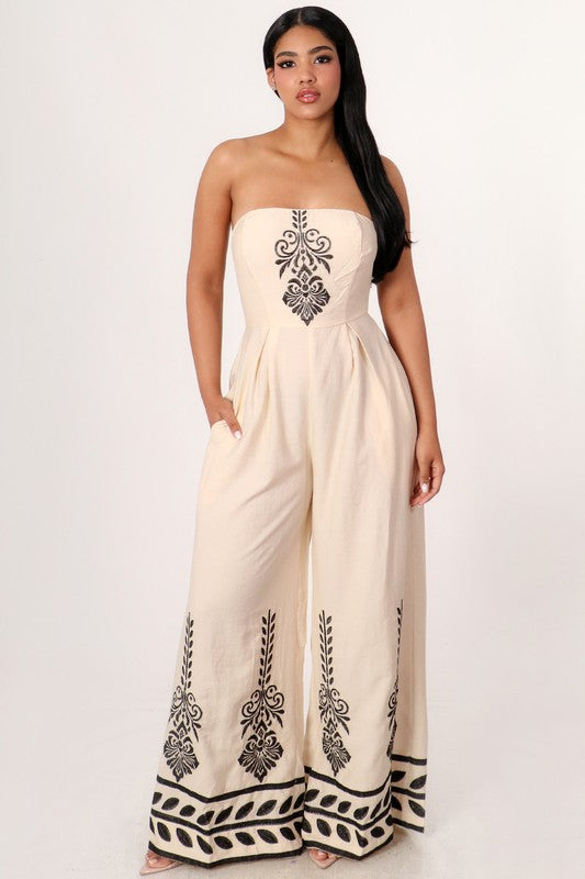 Embroidery Strapless Wide-Leg Jumpsuit