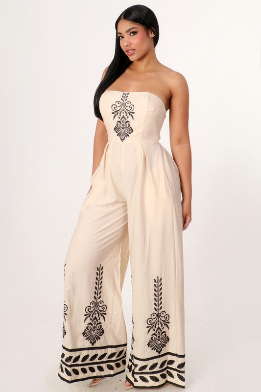 Embroidery Strapless Wide-Leg Jumpsuit