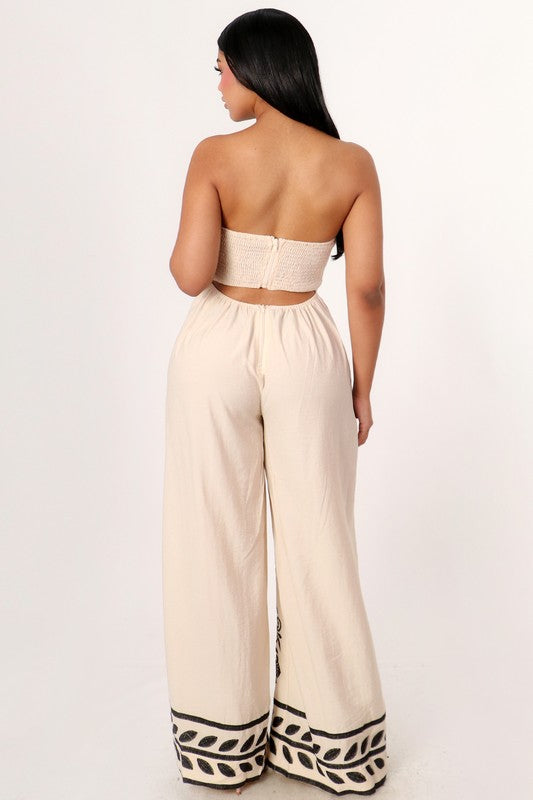 Embroidery Strapless Wide-Leg Jumpsuit