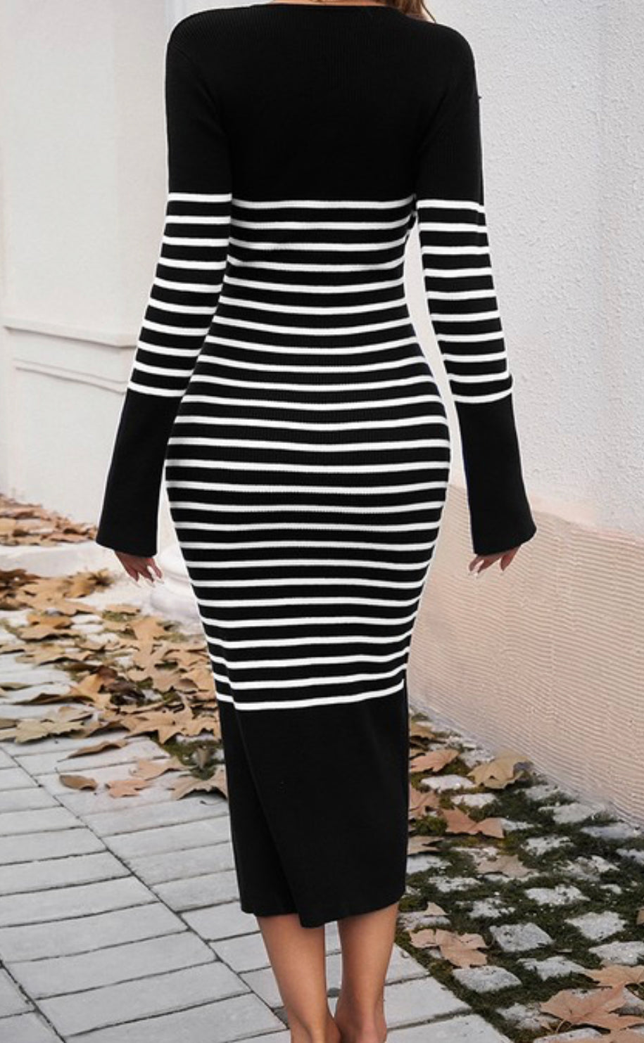 Striped Knit V Neck Sweater Dress