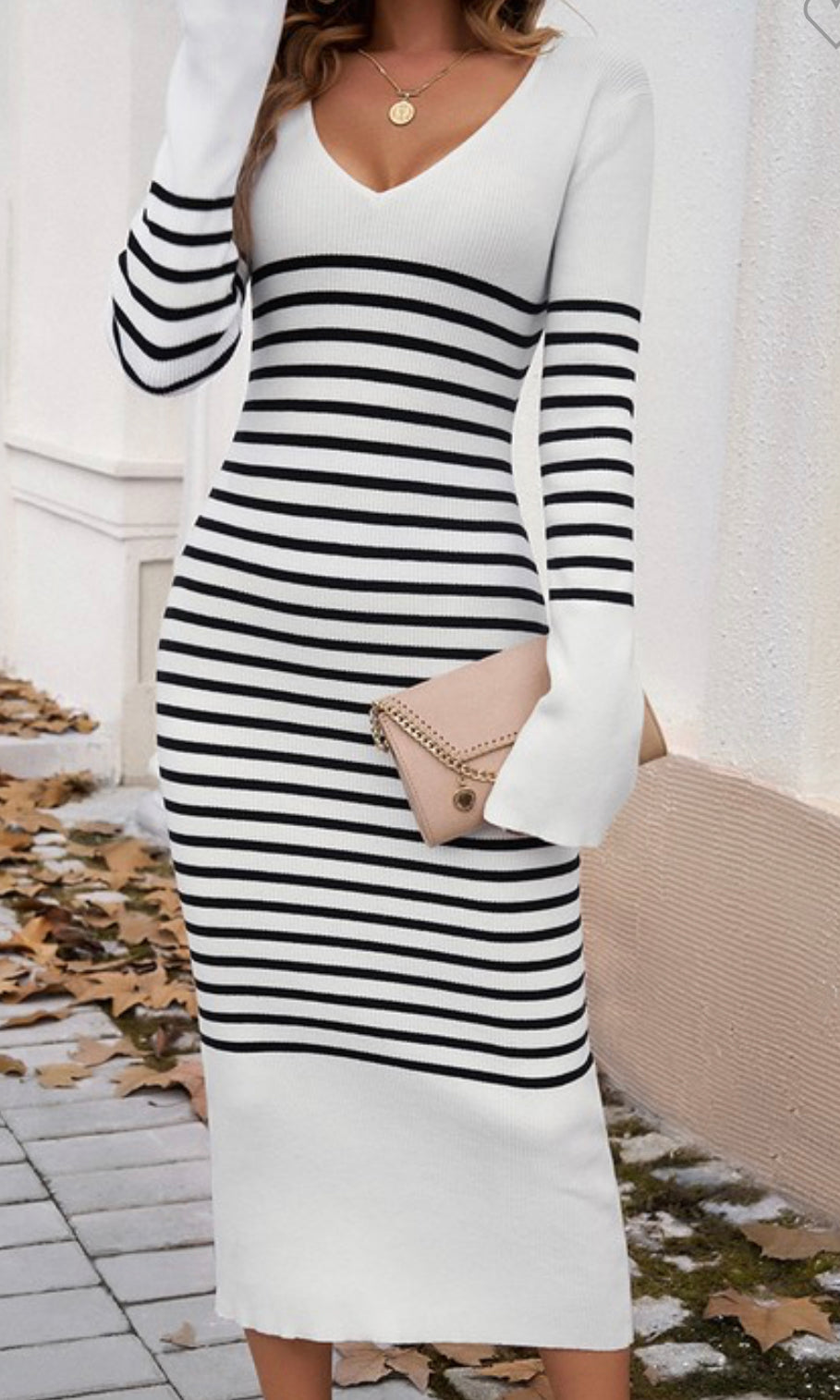 Striped Knit V Neck Sweater Dress