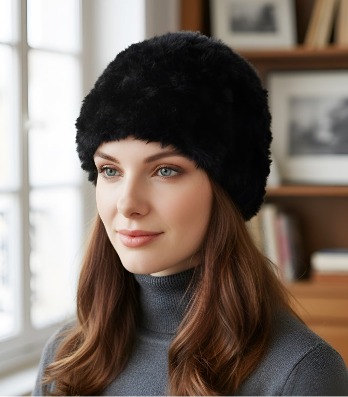 Rabbit fur knit hat Black
