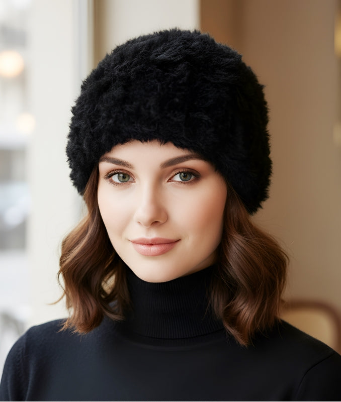Rabbit fur knit hat Black