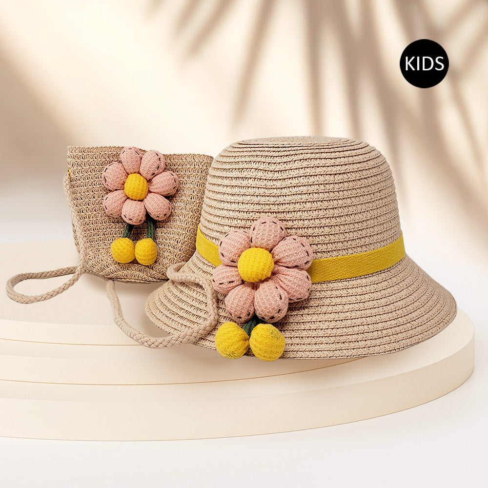 Girls Flower Accented Straw Sun Hat Crossbody Bag Set
