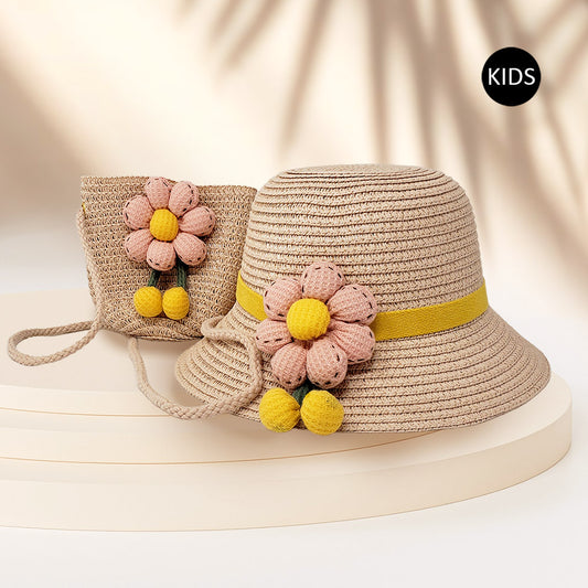 Girls Flower Accented Straw Sun Hat Crossbody Bag Set