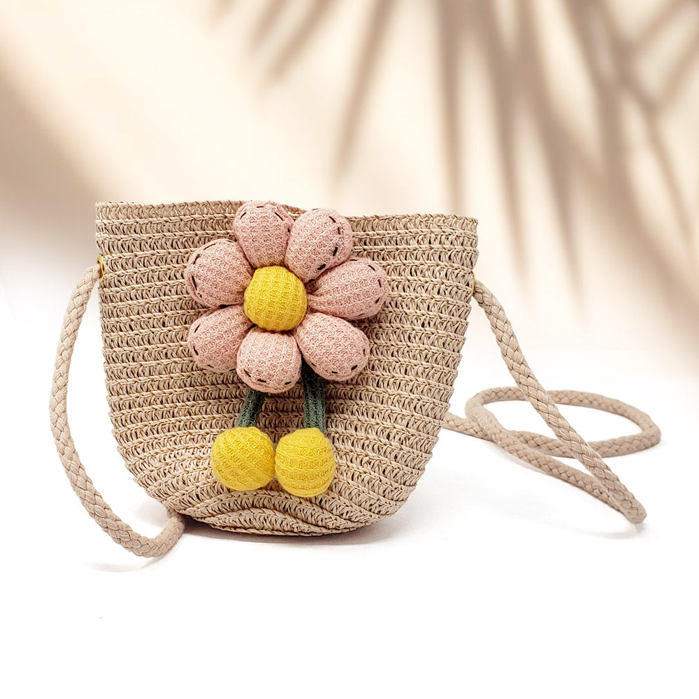 Girls Flower Accented Straw Sun Hat Crossbody Bag Set