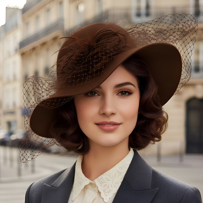 Veiled curly band wool panama hat Brown