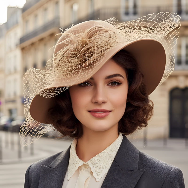 Veiled curly band wool panama hat Brown
