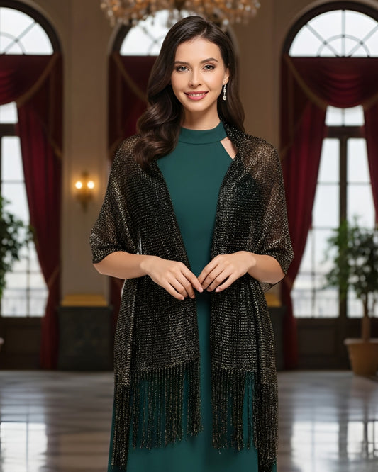 Metallic Sparkling fishnet mesh evening shawl black silver