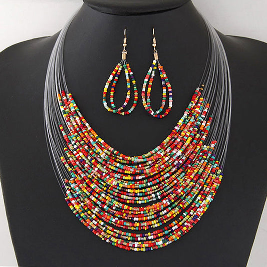 Bohemian Multicolor Water Droplets Seed Bead Earring and Necklace