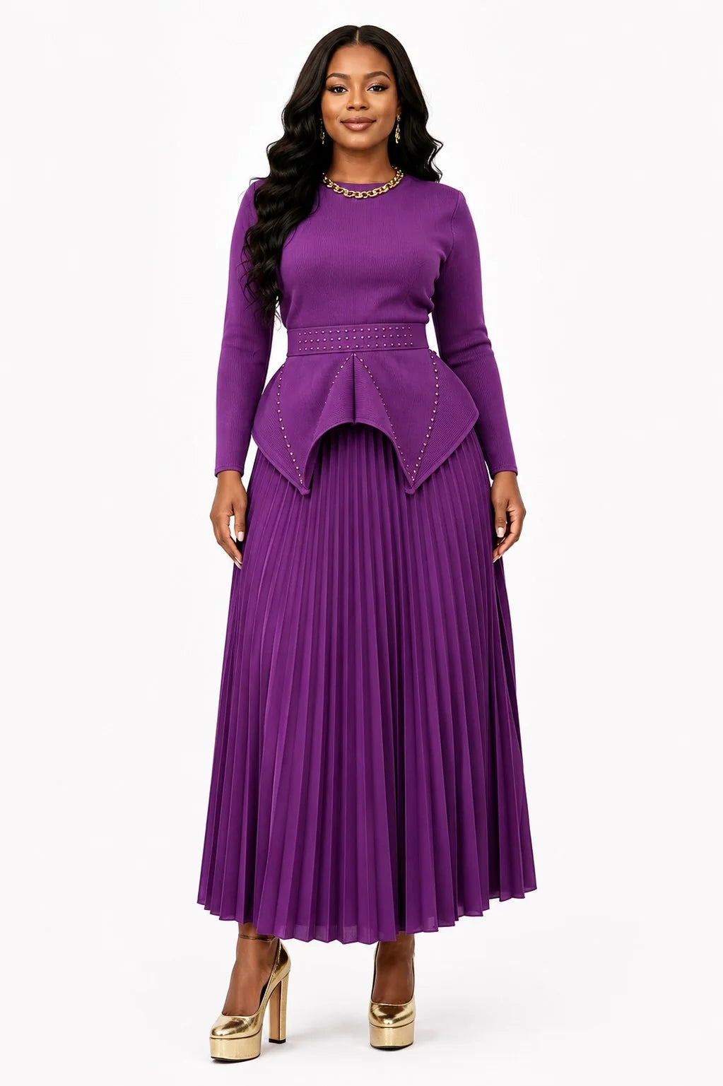 Studded Peplum Pleated Skirt Set