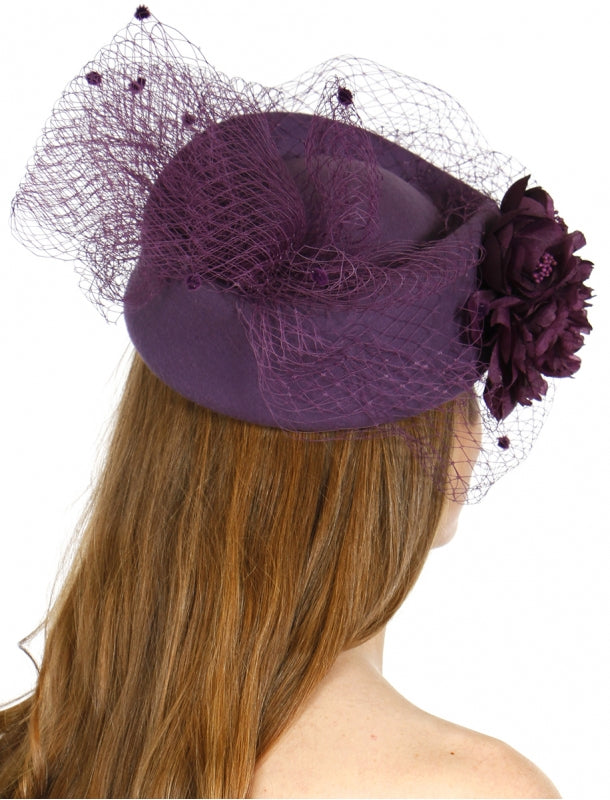 Wool felt veil cocktail hat Purple