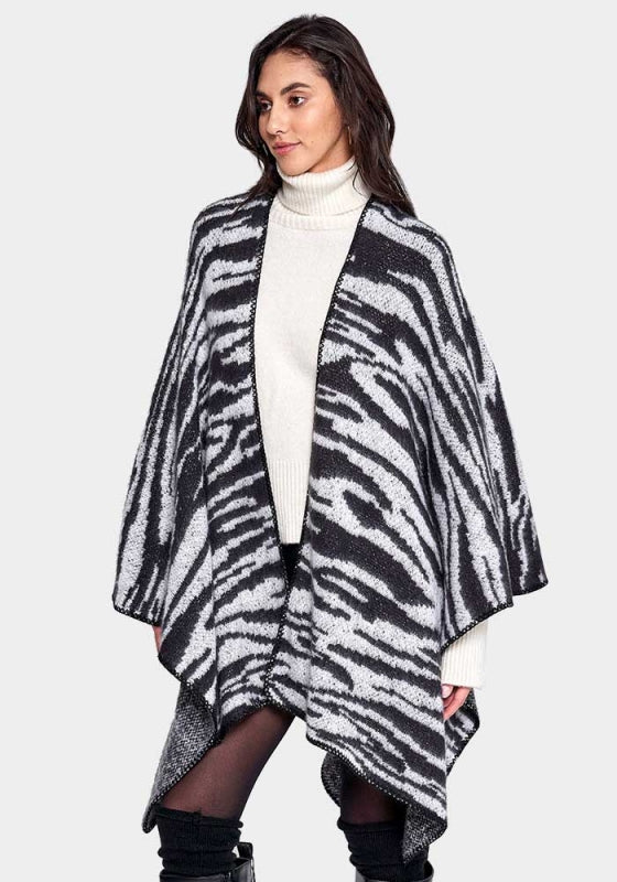 Zebra Open Front Knit Woven Kimono Poncho Wrap