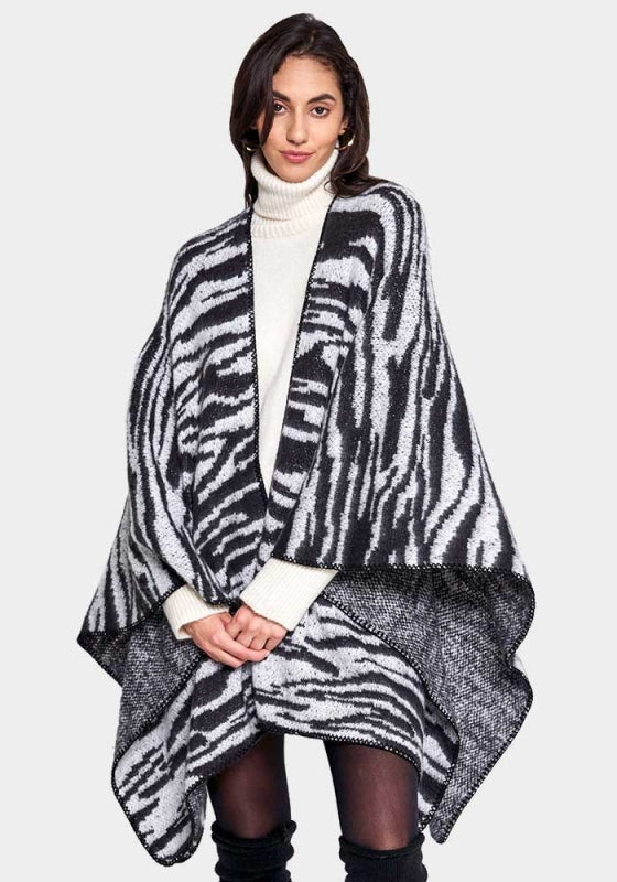 Zebra Open Front Knit Woven Kimono Poncho Wrap
